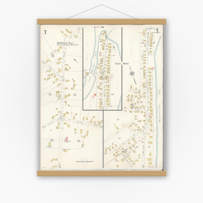Old map wall art mockup — magnetic wood frame on white wall — Sanborn Fire Insurance Map from Marshfield, Plymouth County, Massachusetts (1942), Sheet #0007