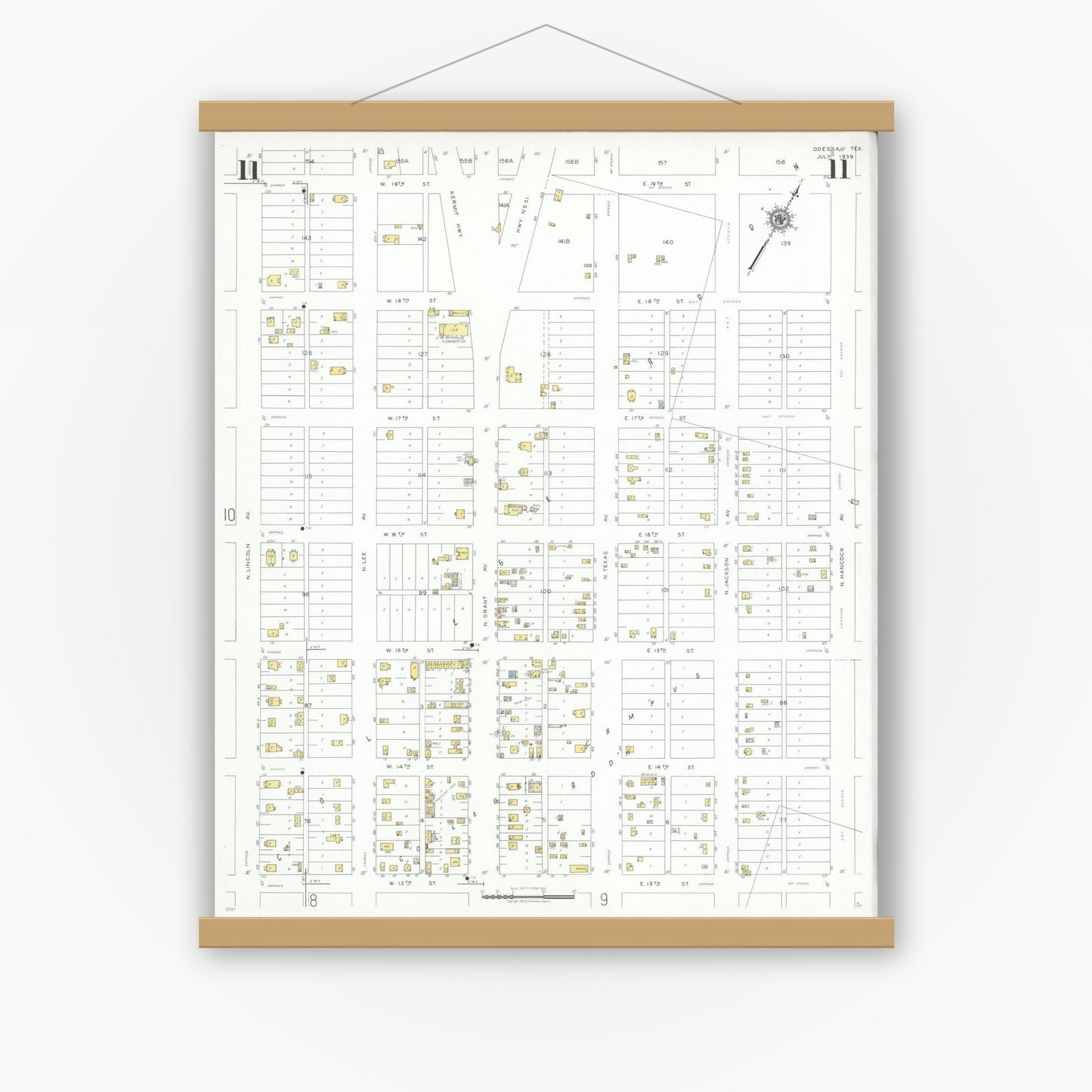 Old map wall art mockup — magnetic wood frame on white wall — Sanborn Fire Insurance Map from Odessa, Edger County, Texas (1939), Sheet #0011