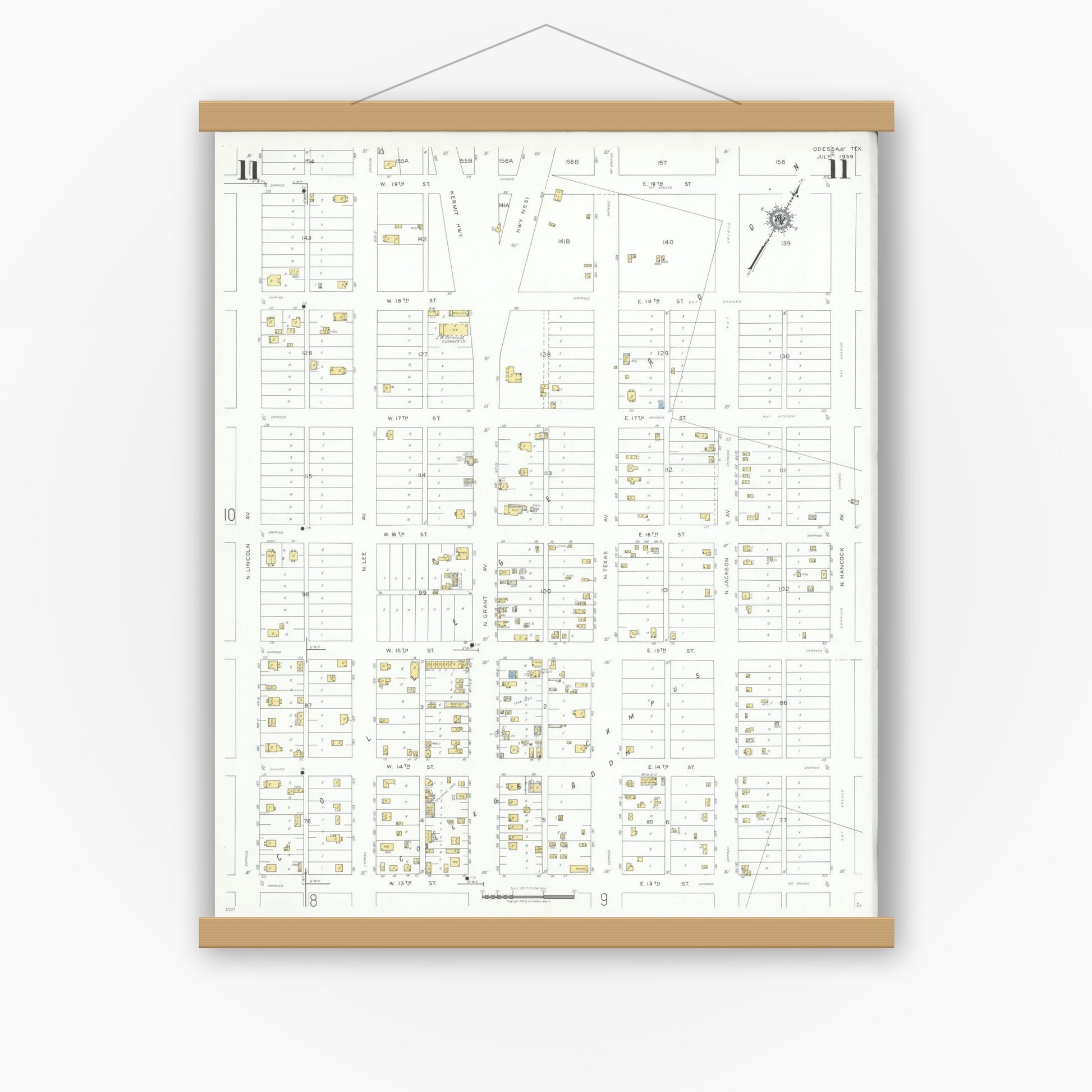 Old map wall art mockup — magnetic wood frame on white wall — Sanborn Fire Insurance Map from Odessa, Edger County, Texas (1939), Sheet #0011