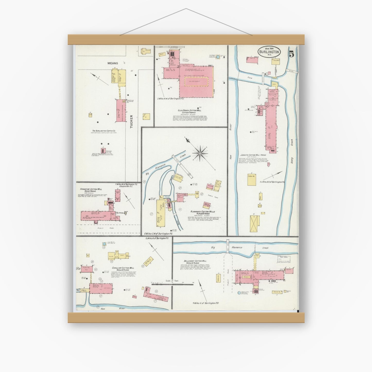 Old map wall art mockup — magnetic wood frame on white wall — Sanborn Fire Insurance Map from Burlington, Alamance County, North Carolina (1904), Sheet #0005