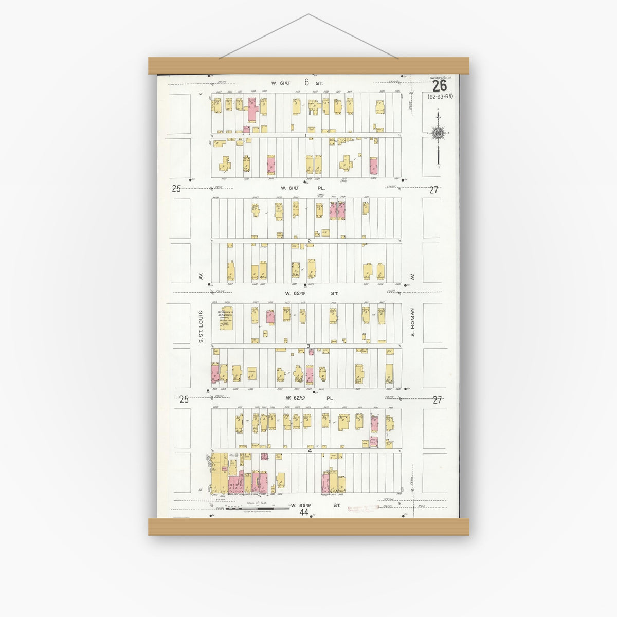 Old map wall art mockup — magnetic wood frame on white wall — Sanborn Fire Insurance Map from Chicago, Cook County, Illinois (1920), Sheet #0026