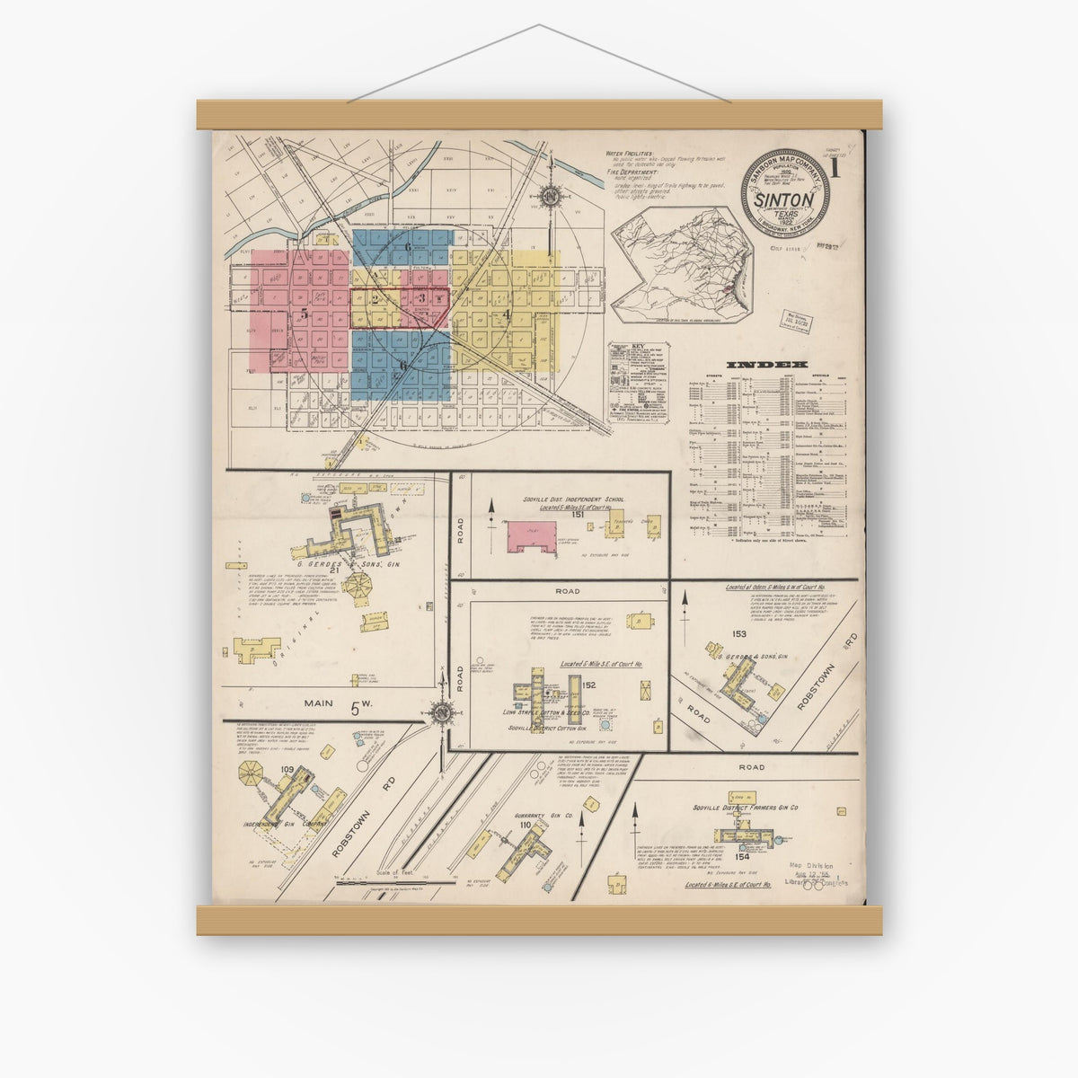 Old map wall art mockup — magnetic wood frame on white wall — Sanborn Fire Insurance Map from Sinton, San Patricio County, Texas (1922) - Complete Map Set