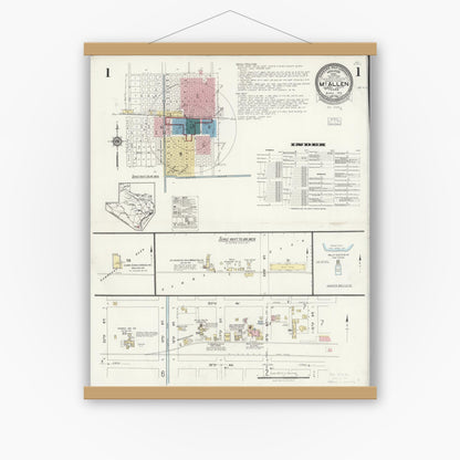 Old map wall art mockup — magnetic wood frame on white wall — Sanborn Fire Insurance Map from McAllen, Hidalgo County, Texas (1925), Sheet #0001