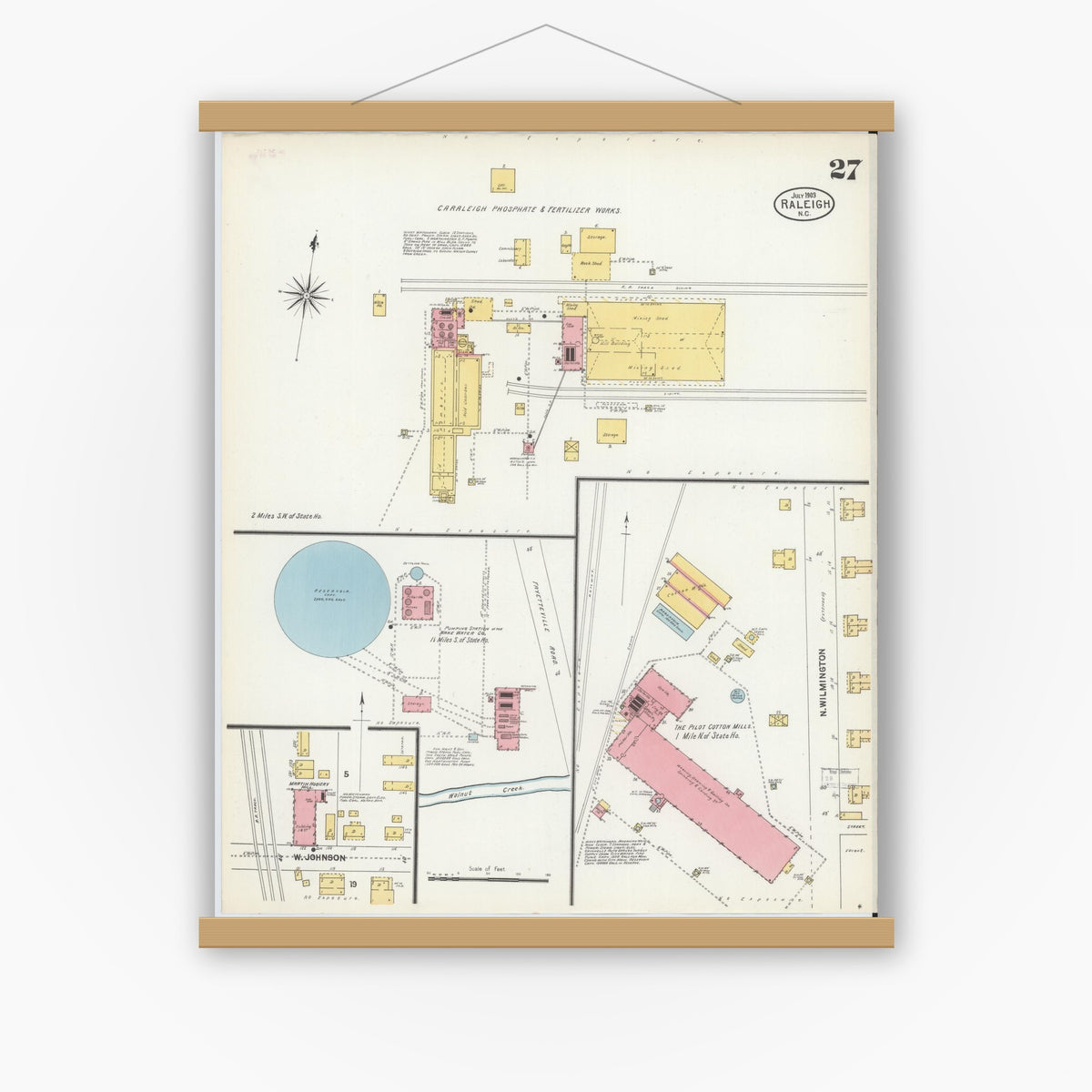 Old map wall art mockup — magnetic wood frame on white wall — Sanborn Fire Insurance Map from Raleigh, Wake County, North Carolina (1903), Sheet #0027