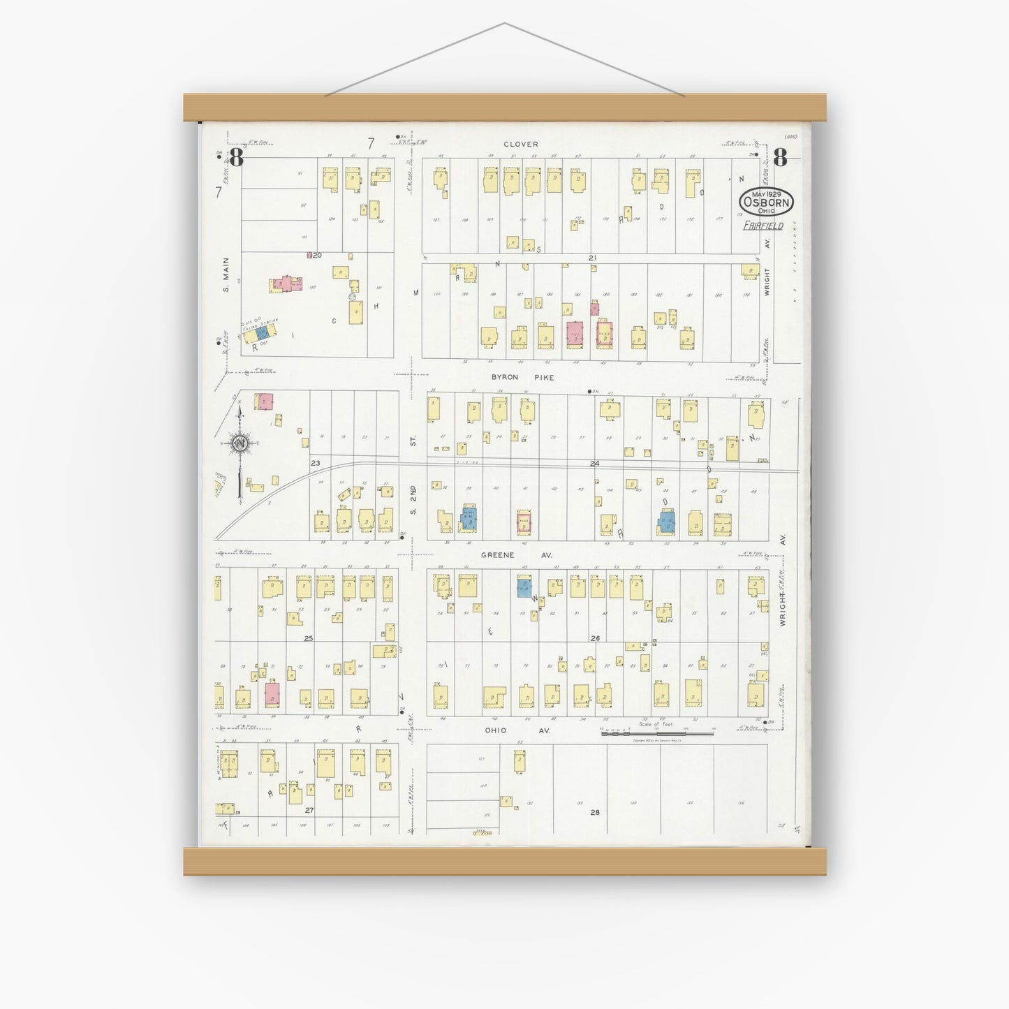 Old map wall art mockup — magnetic wood frame on white wall — Sanborn Fire Insurance Map from Osborn, Greene County, Ohio (1929), Sheet #0008
