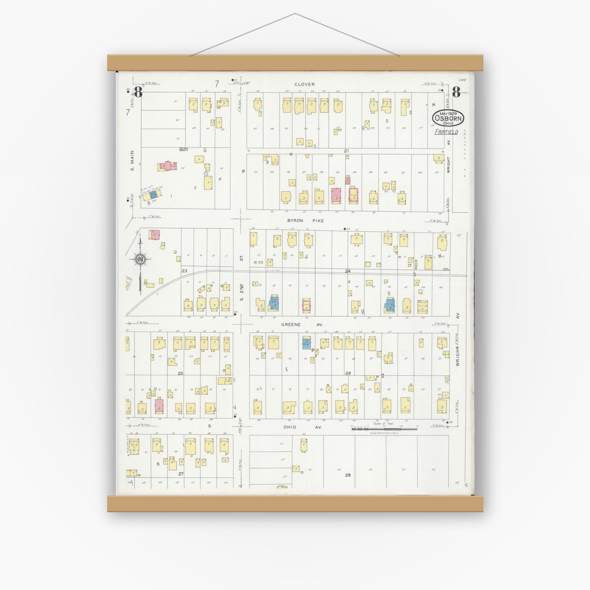 Old map wall art mockup — magnetic wood frame on white wall — Sanborn Fire Insurance Map from Osborn, Greene County, Ohio (1929), Sheet #0008