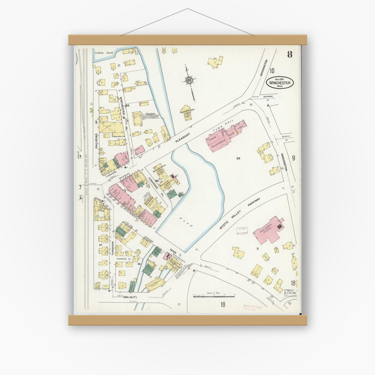 Old map wall art mockup — magnetic wood frame on white wall — Sanborn Fire Insurance Map from Winchester, Middlesex County, Massachusetts (1910), Sheet #0008