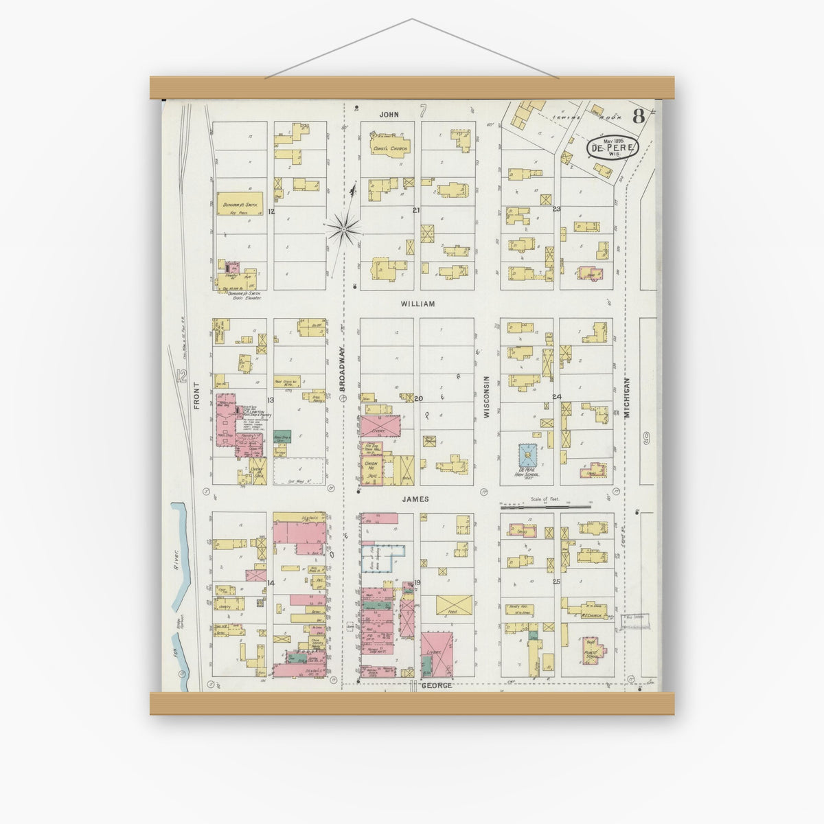 Old map wall art mockup — magnetic wood frame on white wall — Sanborn Fire Insurance Map from De Pere, Brown County, Wisconsin (1895), Sheet #0008