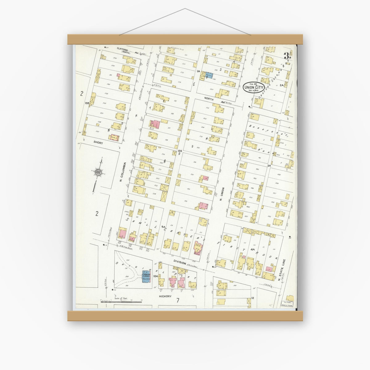 Old map wall art mockup — magnetic wood frame on white wall — Sanborn Fire Insurance Map from Union City, Randolph County, Indiana (1911), Sheet #0003