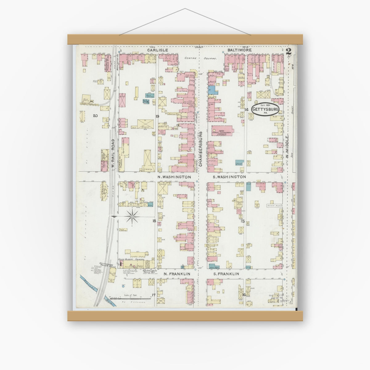 Old map wall art mockup — magnetic wood frame on white wall — Sanborn Fire Insurance Map from Gettysburg, Adams County, Pennsylvania (1891), Sheet #0002