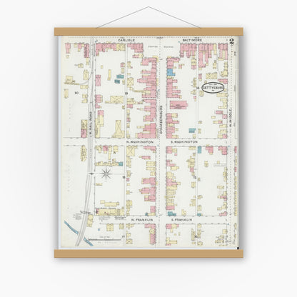 Old map wall art mockup — magnetic wood frame on white wall — Sanborn Fire Insurance Map from Gettysburg, Adams County, Pennsylvania (1891), Sheet #0002