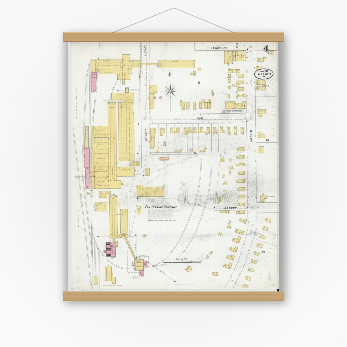 Old map wall art mockup — magnetic wood frame on white wall — Sanborn Fire Insurance Map from Wilcox, Elk County, Pennsylvania (1905), Sheet #0004