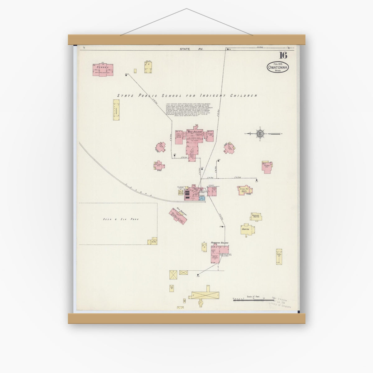Old map wall art mockup — magnetic wood frame on white wall — Sanborn Fire Insurance Map from Owatonna, Steele County, Minnesota (1915), Sheet #0016