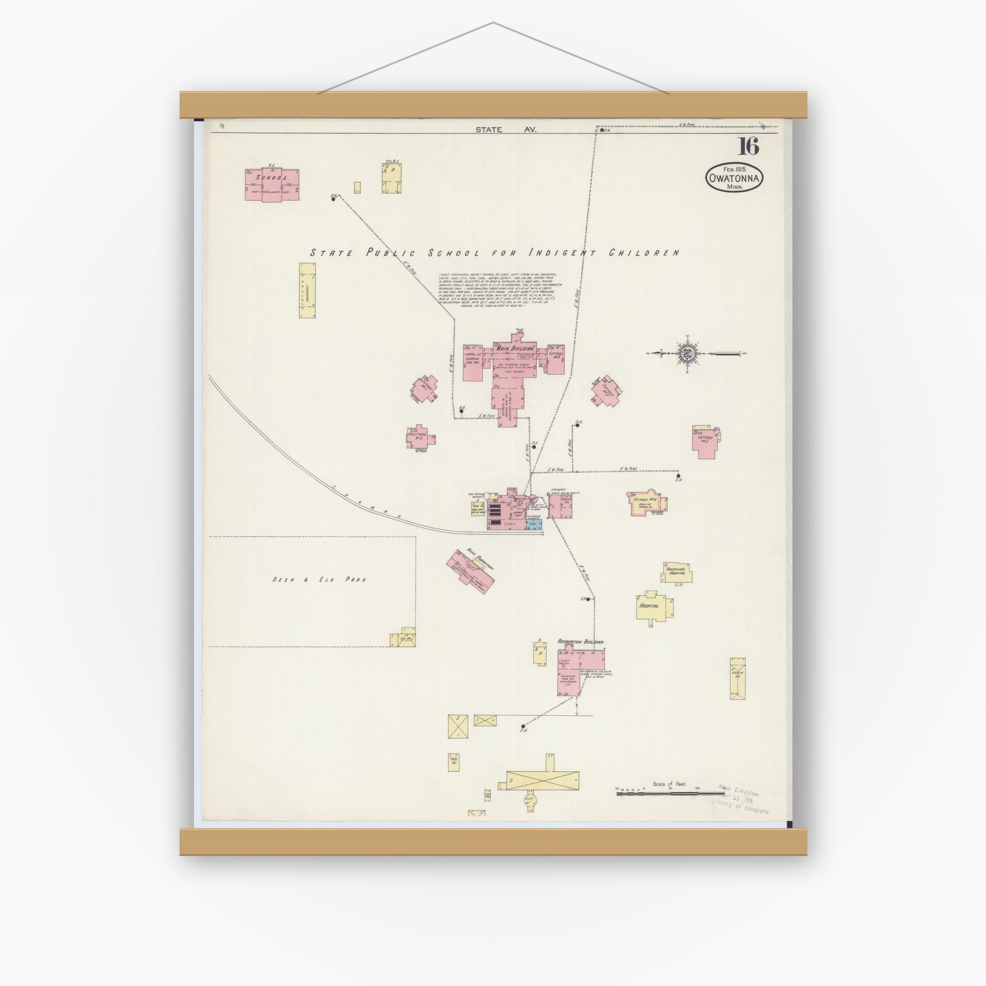 Old map wall art mockup — magnetic wood frame on white wall — Sanborn Fire Insurance Map from Owatonna, Steele County, Minnesota (1915), Sheet #0016