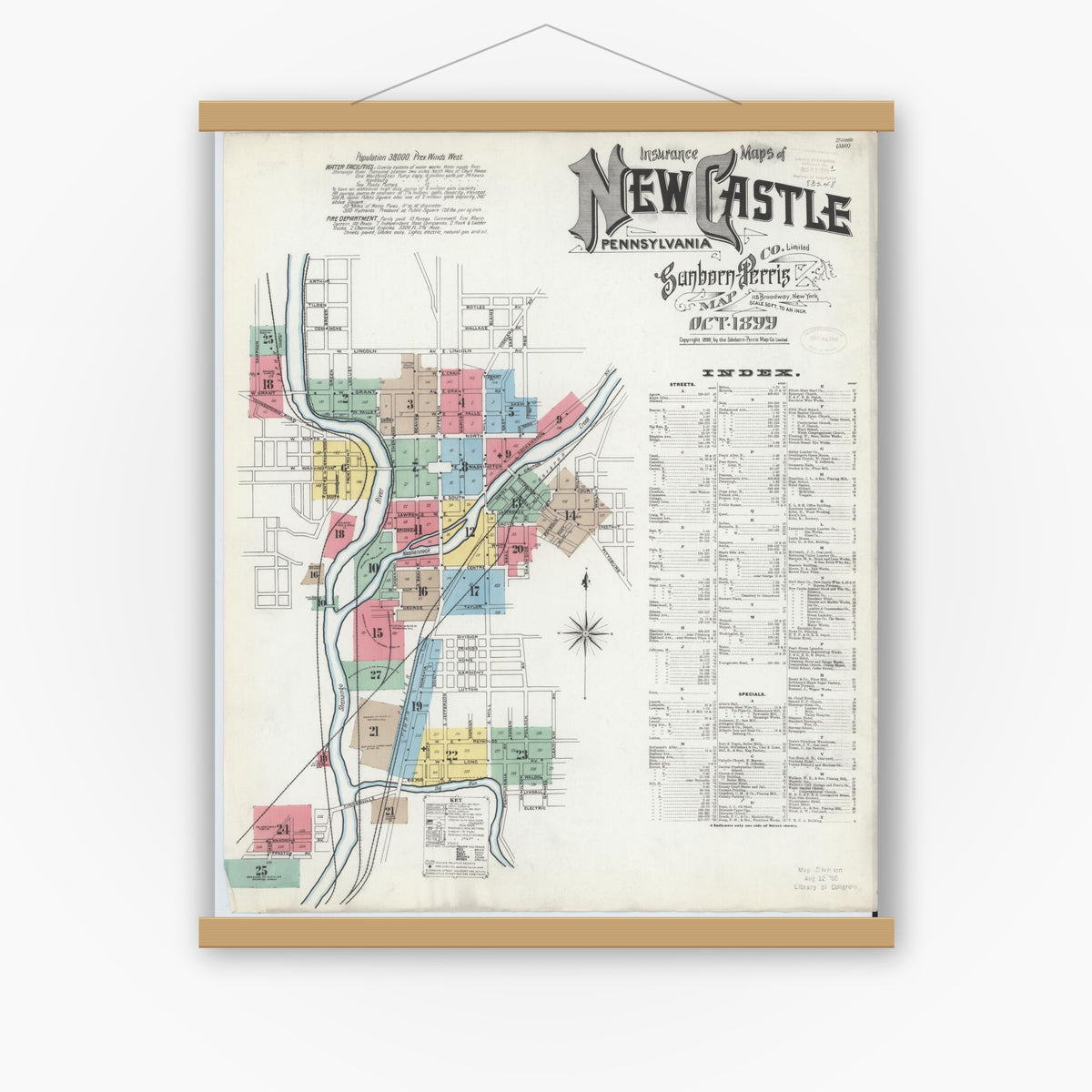 Old map wall art mockup — magnetic wood frame on white wall — Sanborn Fire Insurance Map from New Castle, Lawrence County, Pennsylvania (1899) - Complete Map Set