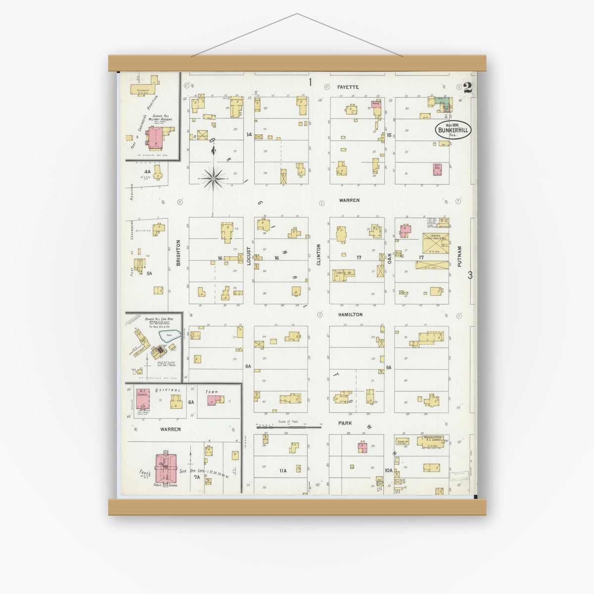 Old map wall art mockup — magnetic wood frame on white wall — Sanborn Fire Insurance Map from Bunker Hill, Macoupin County, Illinois (1899), Sheet #0002