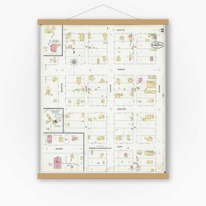 Old map wall art mockup — magnetic wood frame on white wall — Sanborn Fire Insurance Map from Bunker Hill, Macoupin County, Illinois (1899), Sheet #0002