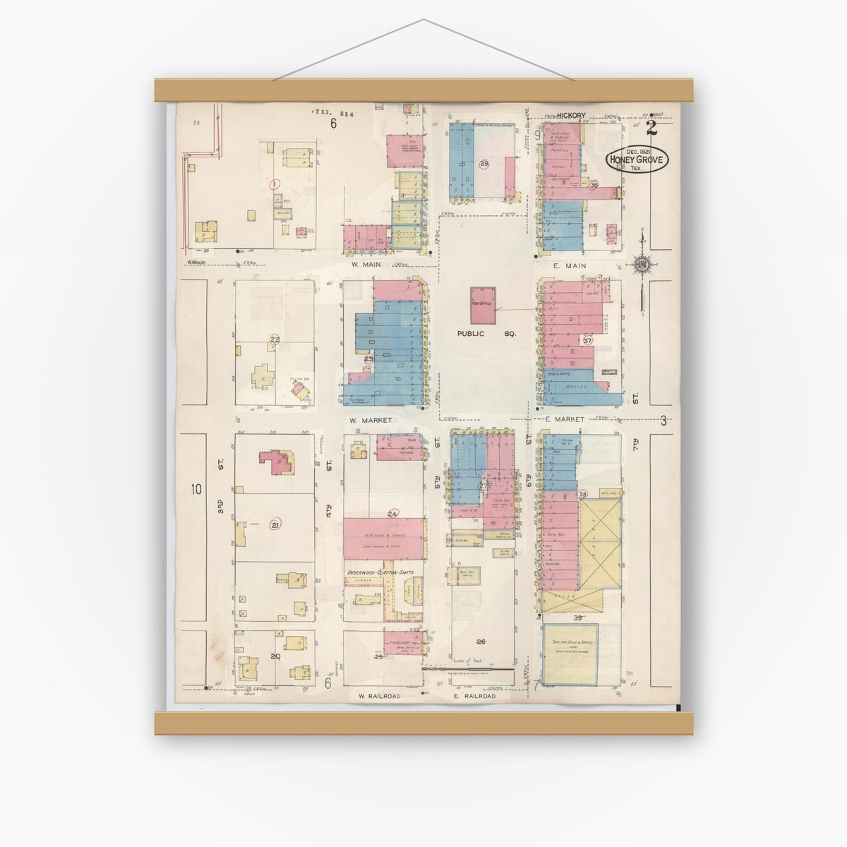 Old map wall art mockup — magnetic wood frame on white wall — Sanborn Fire Insurance Map from Honey Grove, Fannin County, Texas (1943), Sheet #0002