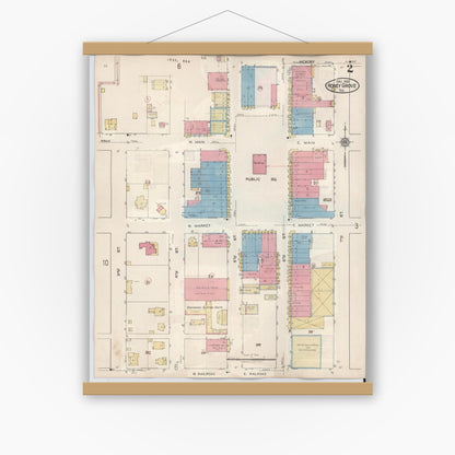 Old map wall art mockup — magnetic wood frame on white wall — Sanborn Fire Insurance Map from Honey Grove, Fannin County, Texas (1943), Sheet #0002