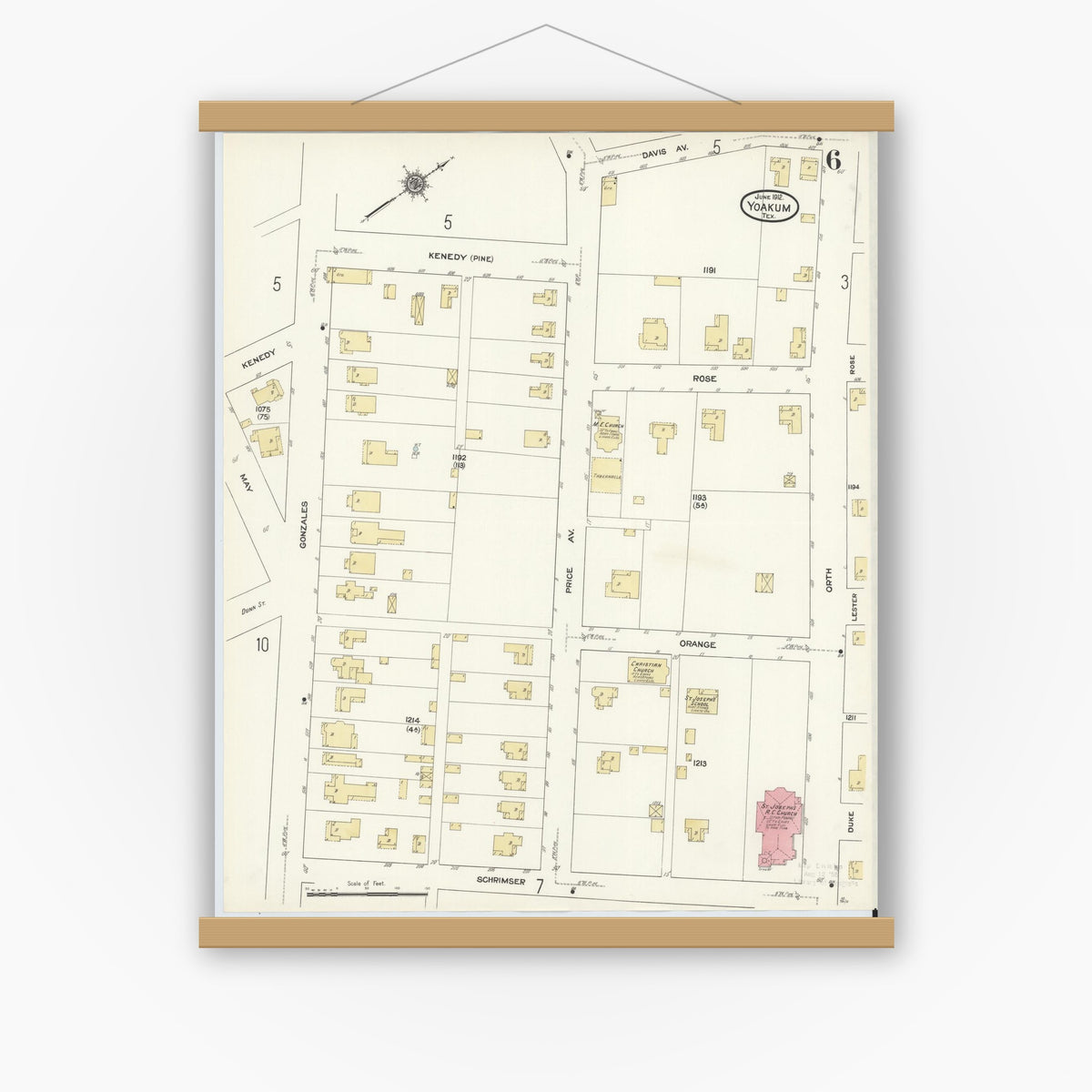 Old map wall art mockup — magnetic wood frame on white wall — Sanborn Fire Insurance Map from Yoakum, De Witt And Lavaca Counties, Texas (1912), Sheet #0006