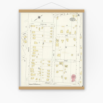 Old map wall art mockup — magnetic wood frame on white wall — Sanborn Fire Insurance Map from Yoakum, De Witt And Lavaca Counties, Texas (1912), Sheet #0006