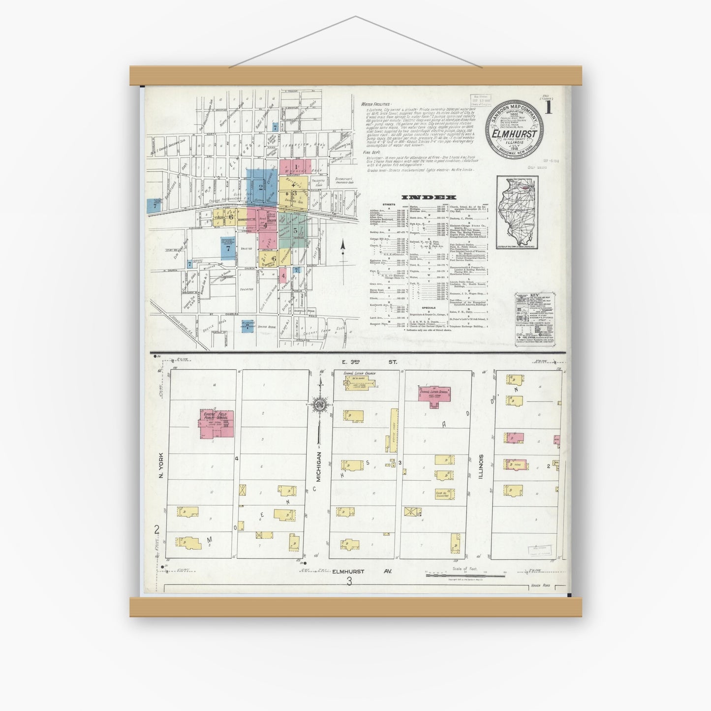 Old map wall art mockup — magnetic wood frame on white wall — Sanborn Fire Insurance Map from Elmhurst, Du Page County, Illinois (1918), Sheet #0001