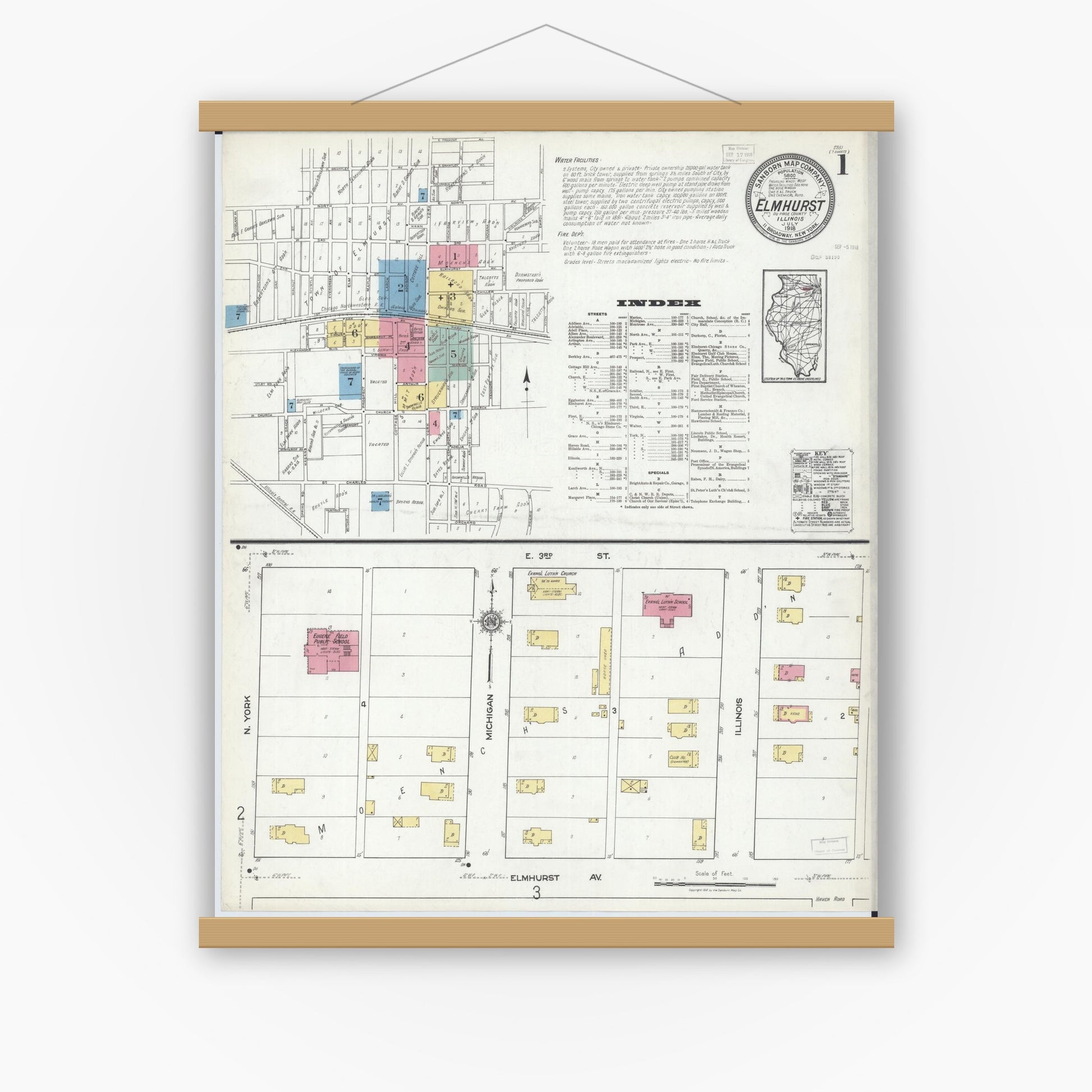 Old map wall art mockup — magnetic wood frame on white wall — Sanborn Fire Insurance Map from Elmhurst, Du Page County, Illinois (1918), Sheet #0001