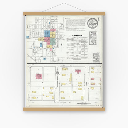 Old map wall art mockup — magnetic wood frame on white wall — Sanborn Fire Insurance Map from Elmhurst, Du Page County, Illinois (1918), Sheet #0001