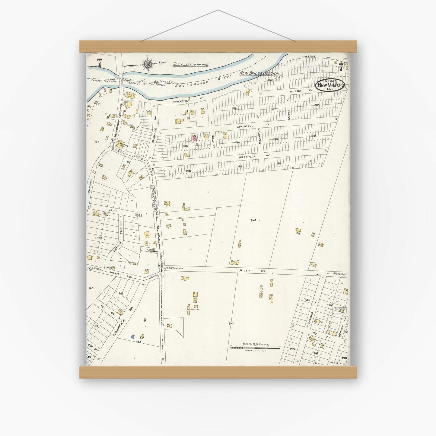 Old map wall art mockup — magnetic wood frame on white wall — Sanborn Fire Insurance Map from New Milford, Bergen County, New Jersey (1923), Sheet #0007