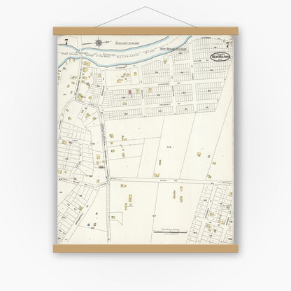 Old map wall art mockup — magnetic wood frame on white wall — Sanborn Fire Insurance Map from New Milford, Bergen County, New Jersey (1923), Sheet #0007