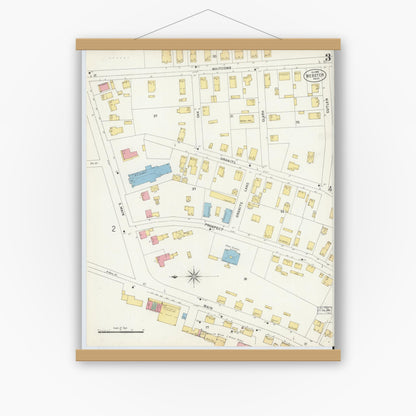 Old map wall art mockup — magnetic wood frame on white wall — Sanborn Fire Insurance Map from Webster, Worcester County, Massachusetts (1898), Sheet #0003
