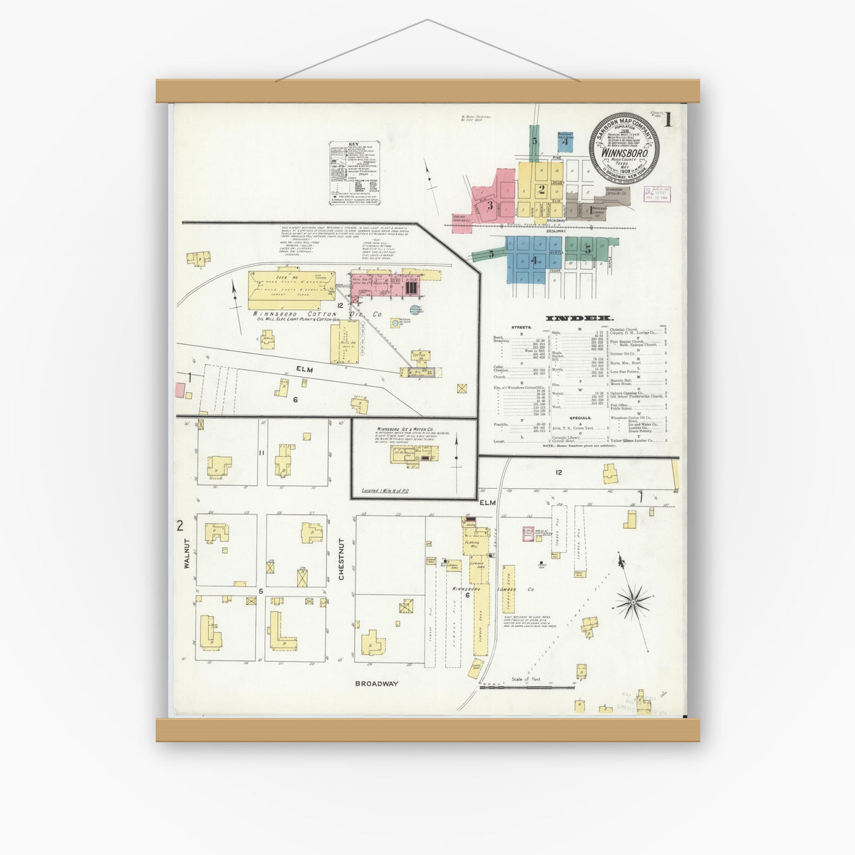 Old map wall art mockup — magnetic wood frame on white wall — Sanborn Fire Insurance Map from Winnsboro, Wood County, Texas (1909) - Complete Map Set