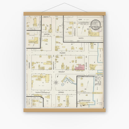 Old map wall art mockup — magnetic wood frame on white wall — Sanborn Fire Insurance Map from Green Cove Springs, Clay County, Florida (1887), Sheet #0001