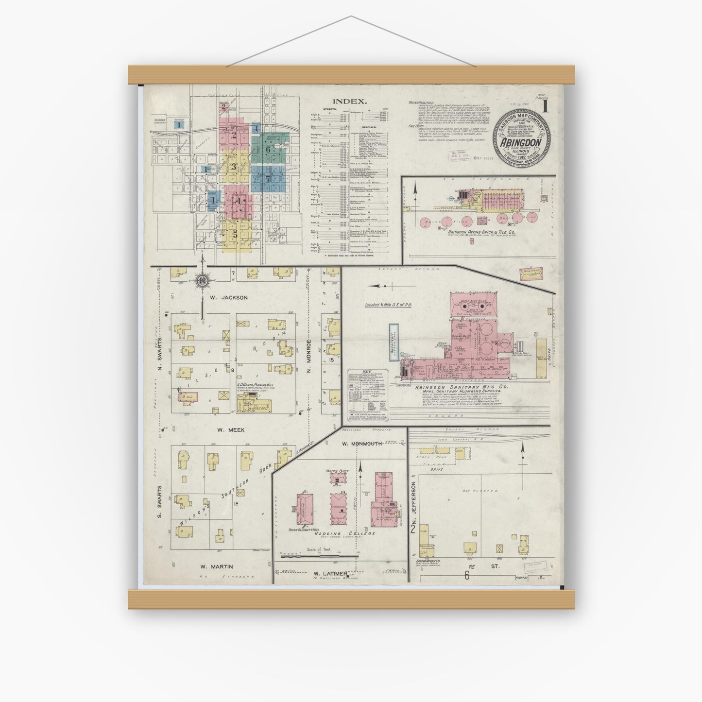 Old map wall art mockup — magnetic wood frame on white wall — Sanborn Fire Insurance Map from Abingdon, Knox County, Illinois (1912), Sheet #0001