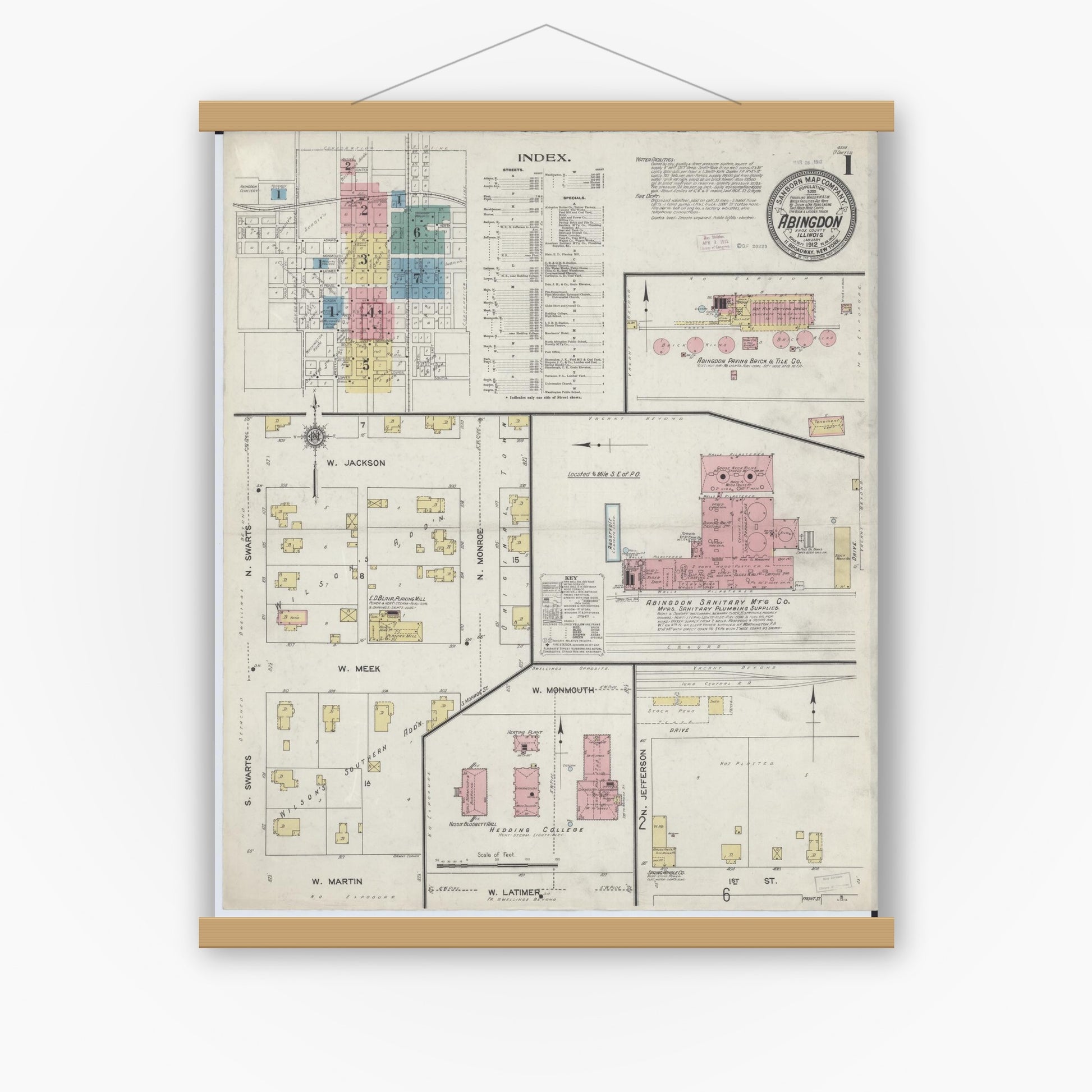Old map wall art mockup — magnetic wood frame on white wall — Sanborn Fire Insurance Map from Abingdon, Knox County, Illinois (1912), Sheet #0001