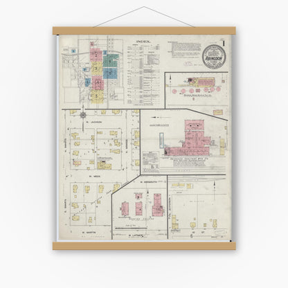 Old map wall art mockup — magnetic wood frame on white wall — Sanborn Fire Insurance Map from Abingdon, Knox County, Illinois (1912), Sheet #0001