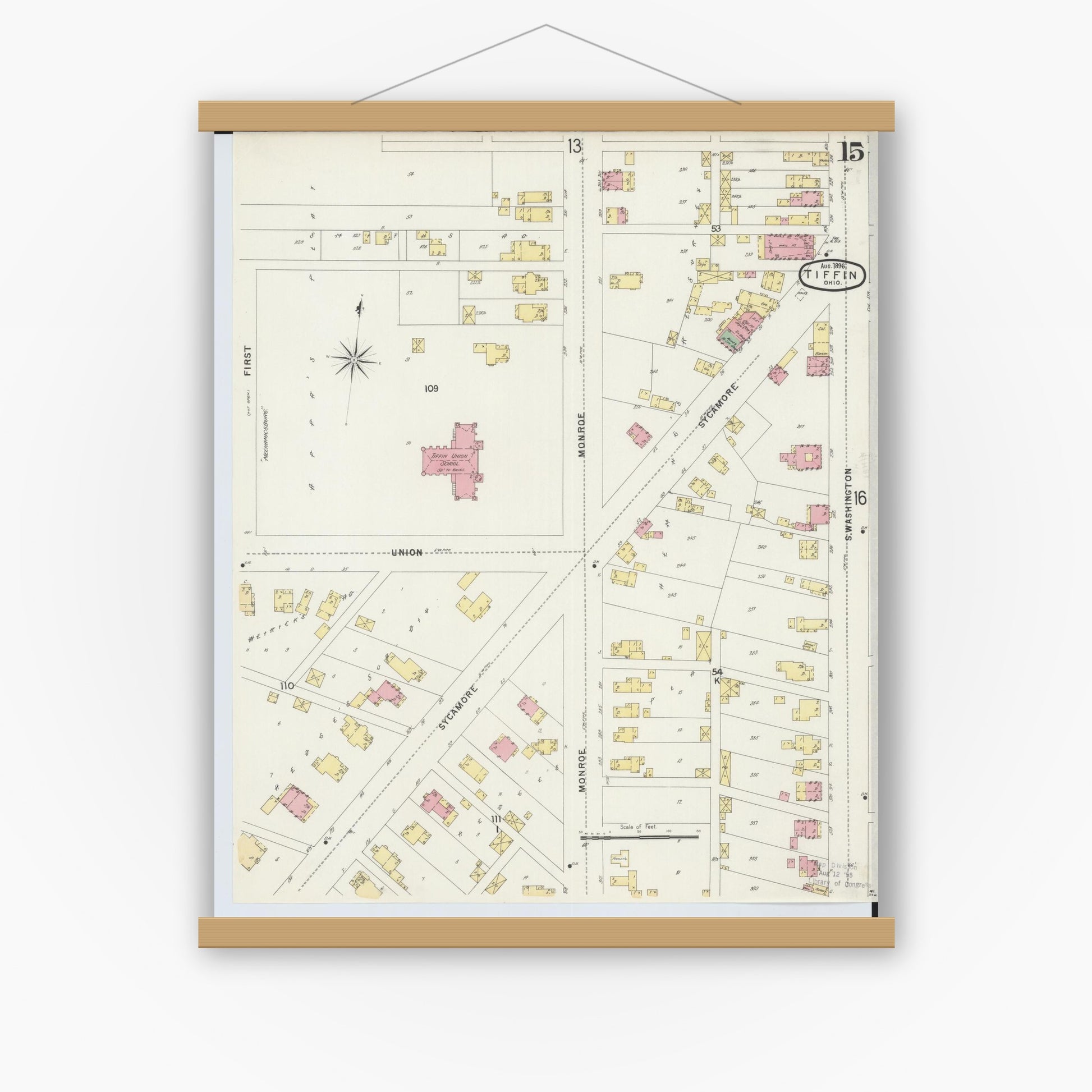 Old map wall art mockup — magnetic wood frame on white wall — Sanborn Fire Insurance Map from Tiffin, Seneca County, Ohio (1896), Sheet #0015