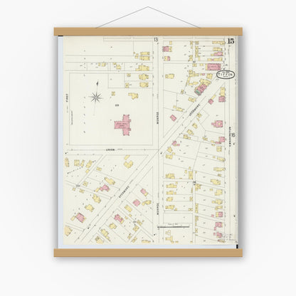 Old map wall art mockup — magnetic wood frame on white wall — Sanborn Fire Insurance Map from Tiffin, Seneca County, Ohio (1896), Sheet #0015