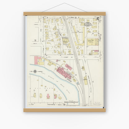 Old map wall art mockup — magnetic wood frame on white wall — Sanborn Fire Insurance Map from Elyria, Lorain County, Ohio (1915), Sheet #0017