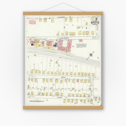 Old map wall art mockup — magnetic wood frame on white wall — Sanborn Fire Insurance Map from Montgomery, Lycoming County, Pennsylvania (1920), Sheet #0008