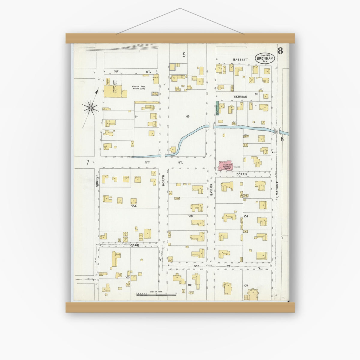 Old map wall art mockup — magnetic wood frame on white wall — Sanborn Fire Insurance Map from Brenham, Washington County, Texas (1906), Sheet #0008