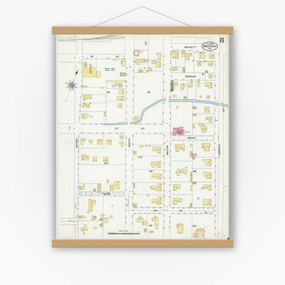 Old map wall art mockup — magnetic wood frame on white wall — Sanborn Fire Insurance Map from Brenham, Washington County, Texas (1906), Sheet #0008