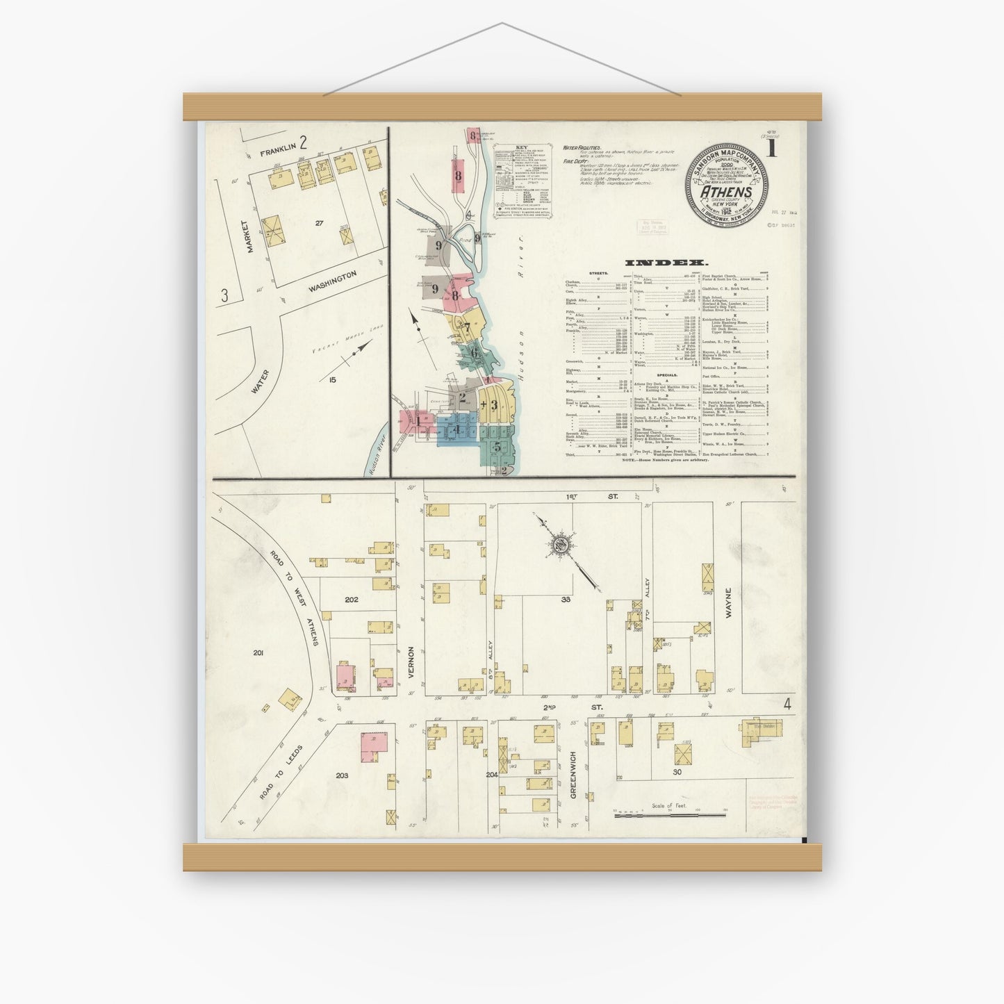Old map wall art mockup — magnetic wood frame on white wall — Sanborn Fire Insurance Map from Athens, Greene County, New York (1912), Sheet #0001