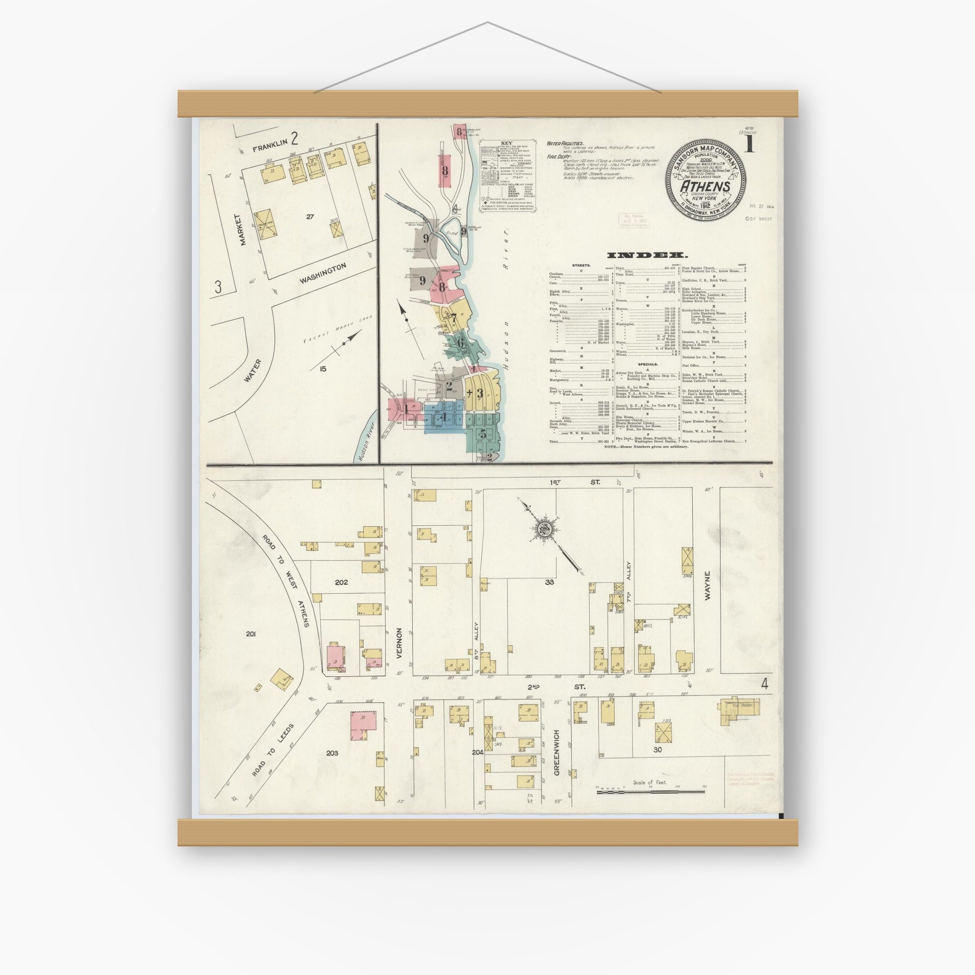 Old map wall art mockup — magnetic wood frame on white wall — Sanborn Fire Insurance Map from Athens, Greene County, New York (1912), Sheet #0001