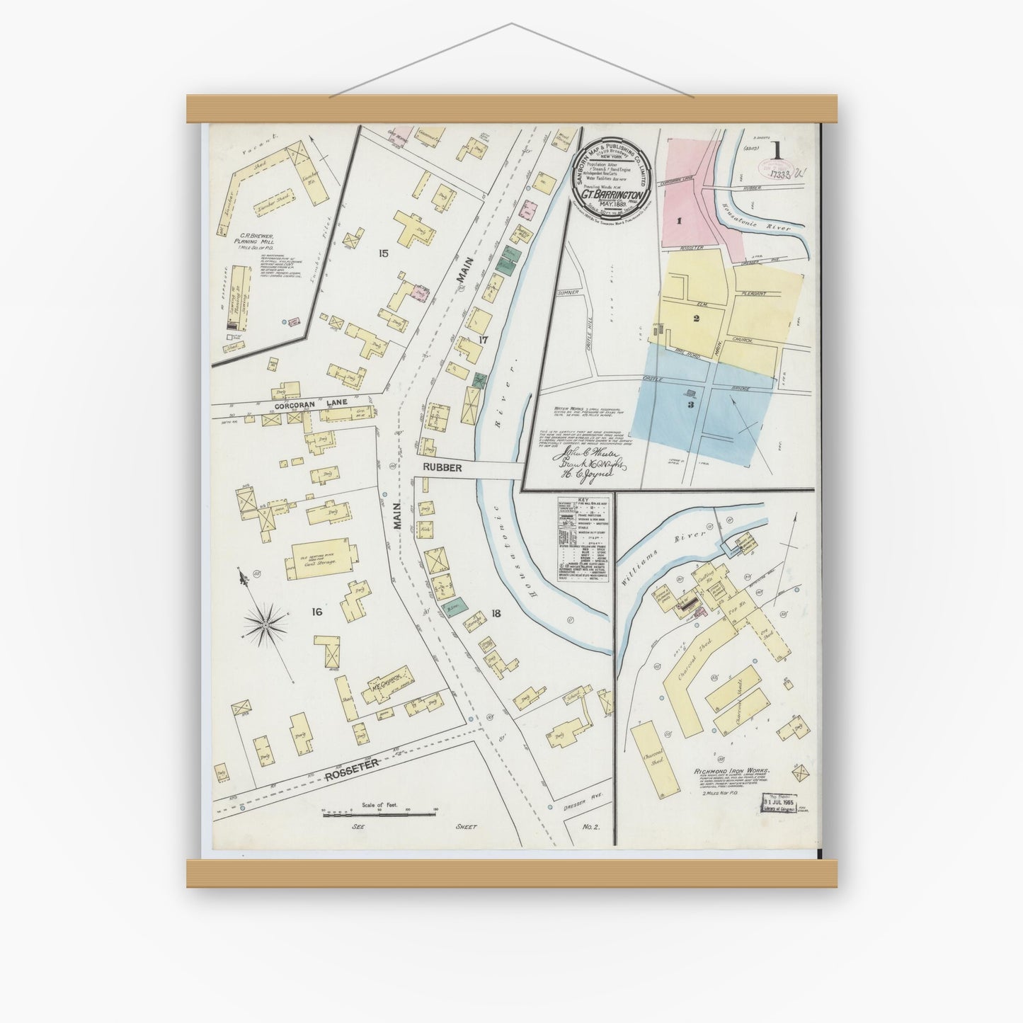 Old map wall art mockup — magnetic wood frame on white wall — Sanborn Fire Insurance Map from Great Barrington, Berkshire County, Massachusetts (1889) - Complete Map Set