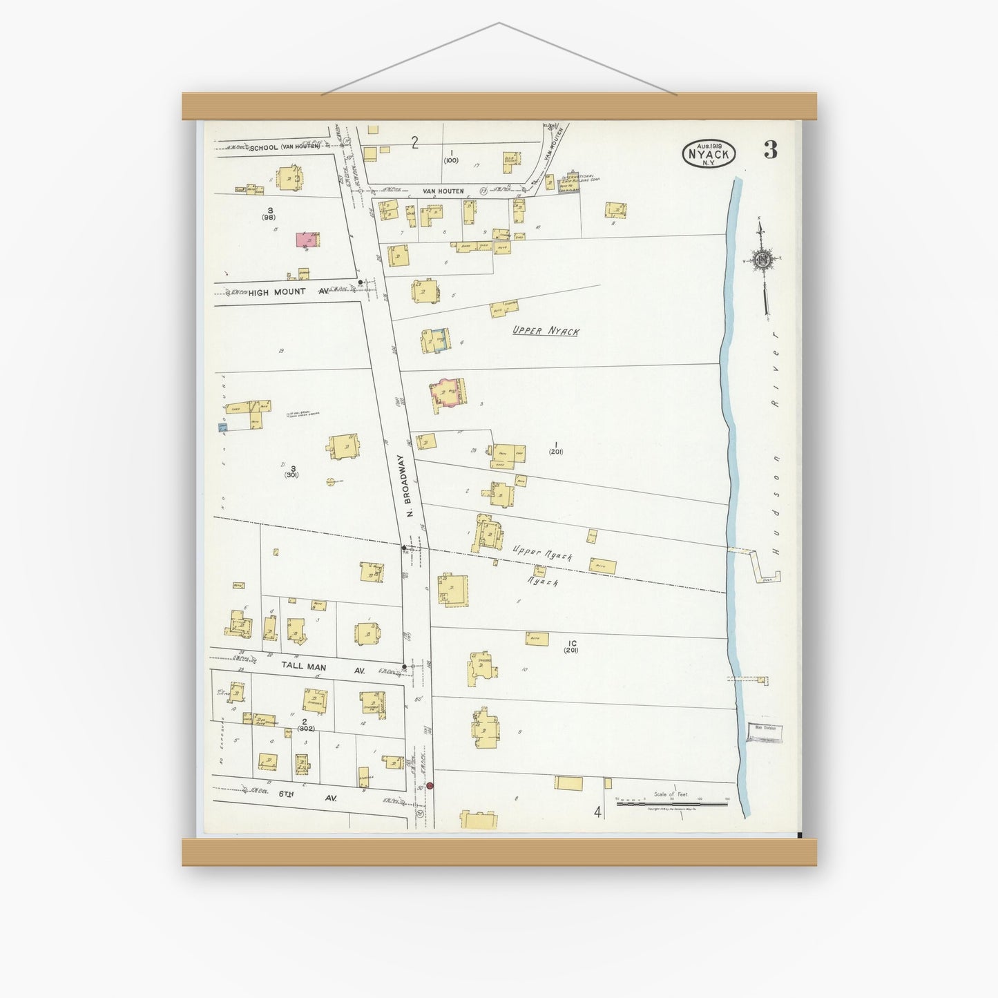 Old map wall art mockup — magnetic wood frame on white wall — Sanborn Fire Insurance Map from Nyack, Rockland County, New York. (1919), Sheet #0003