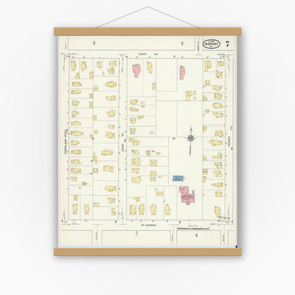 Old map wall art mockup — magnetic wood frame on white wall — Sanborn Fire Insurance Map from Fairport, Monroe County, New York (1915), Sheet #0007
