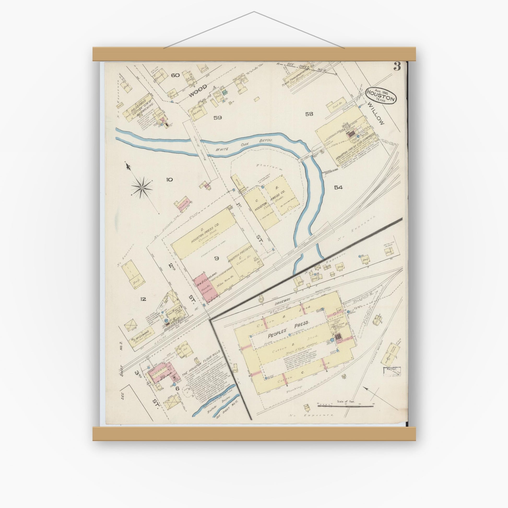 Old map wall art mockup — magnetic wood frame on white wall — Sanborn Fire Insurance Map from Houston, Harris County, Texas (1885), Sheet #0003