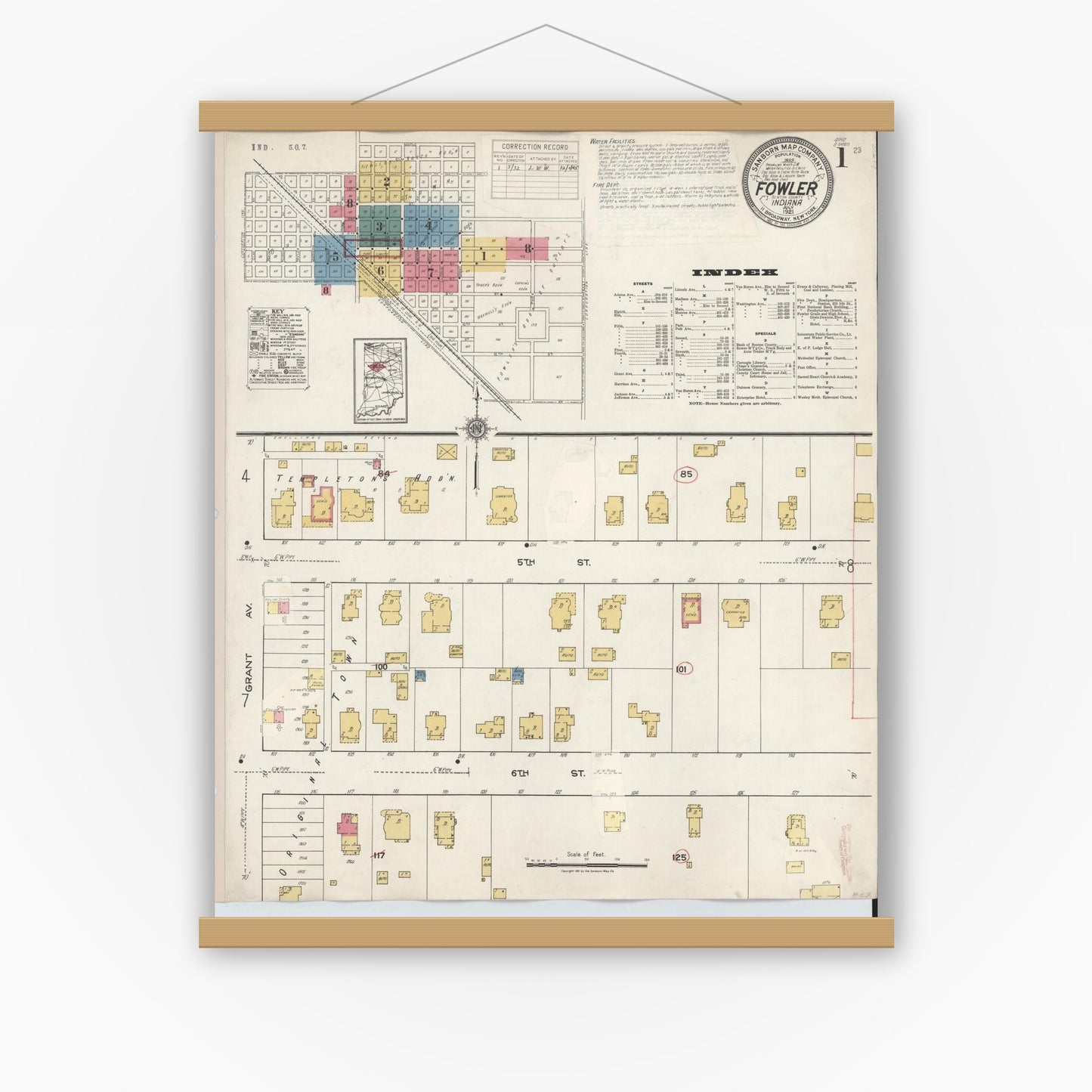 Old map wall art mockup — magnetic wood frame on white wall — Sanborn Fire Insurance Map from Fowler, Benton County, Indiana (1932) - Complete Map Set