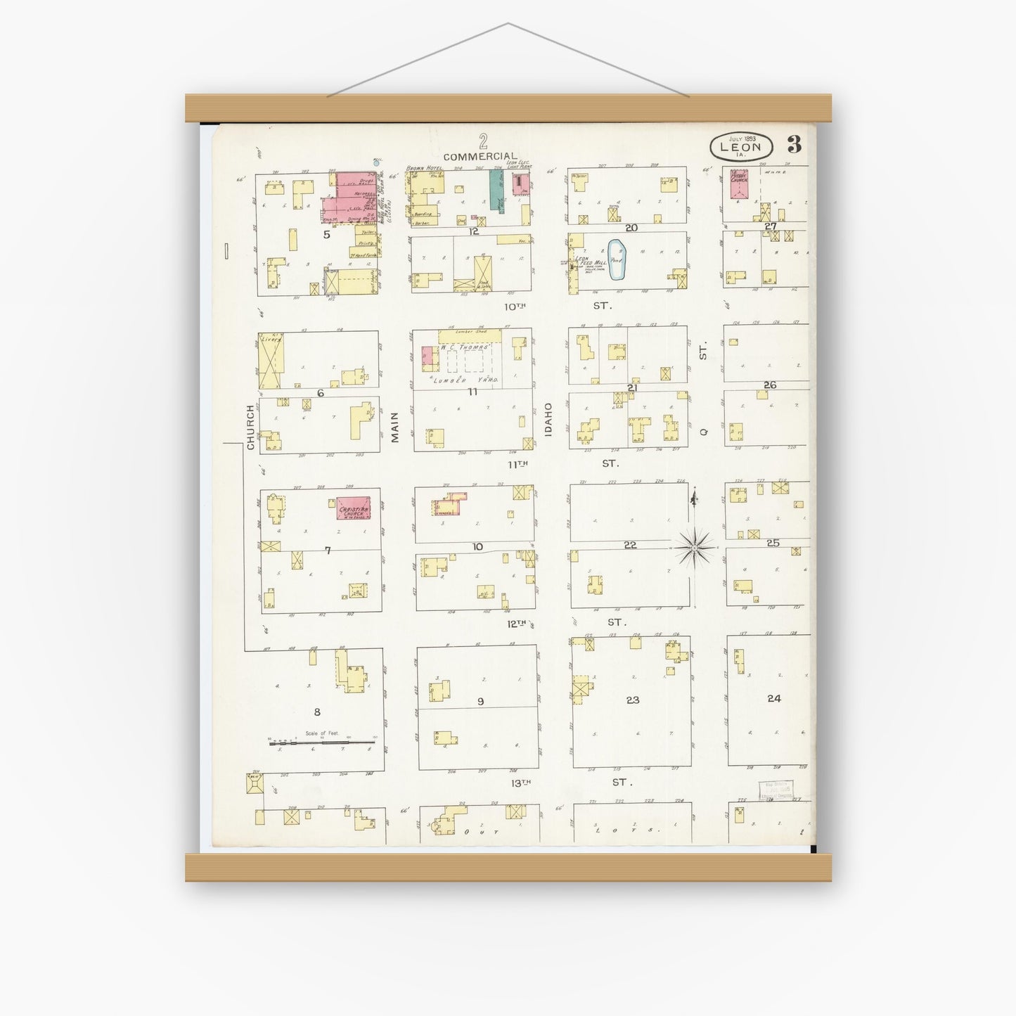 Old map wall art mockup — magnetic wood frame on white wall — Sanborn Fire Insurance Map from Leon, Decatur County, Iowa (1893), Sheet #0003